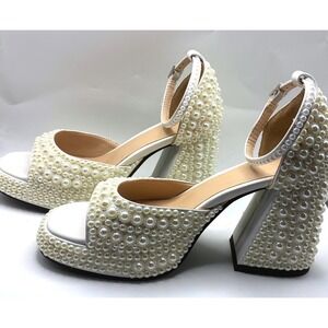 Pearl Platform Sandals US 6.5/7 White Chunky Block Heel Wedding Bridal Shoes